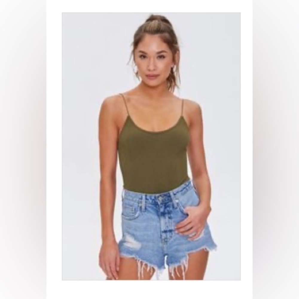Forever 21 Ribbed Scoop-Cut Bodysuit – M/L, Dark Olive